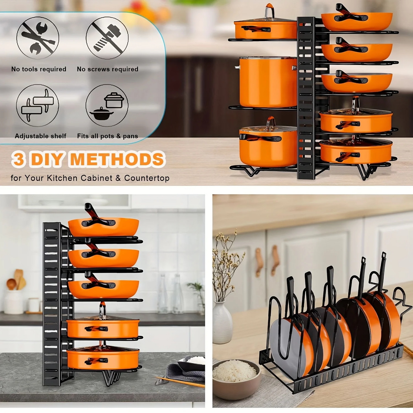 2-Pack Adjustable Pot Racks for Kitchen Storage and Organization