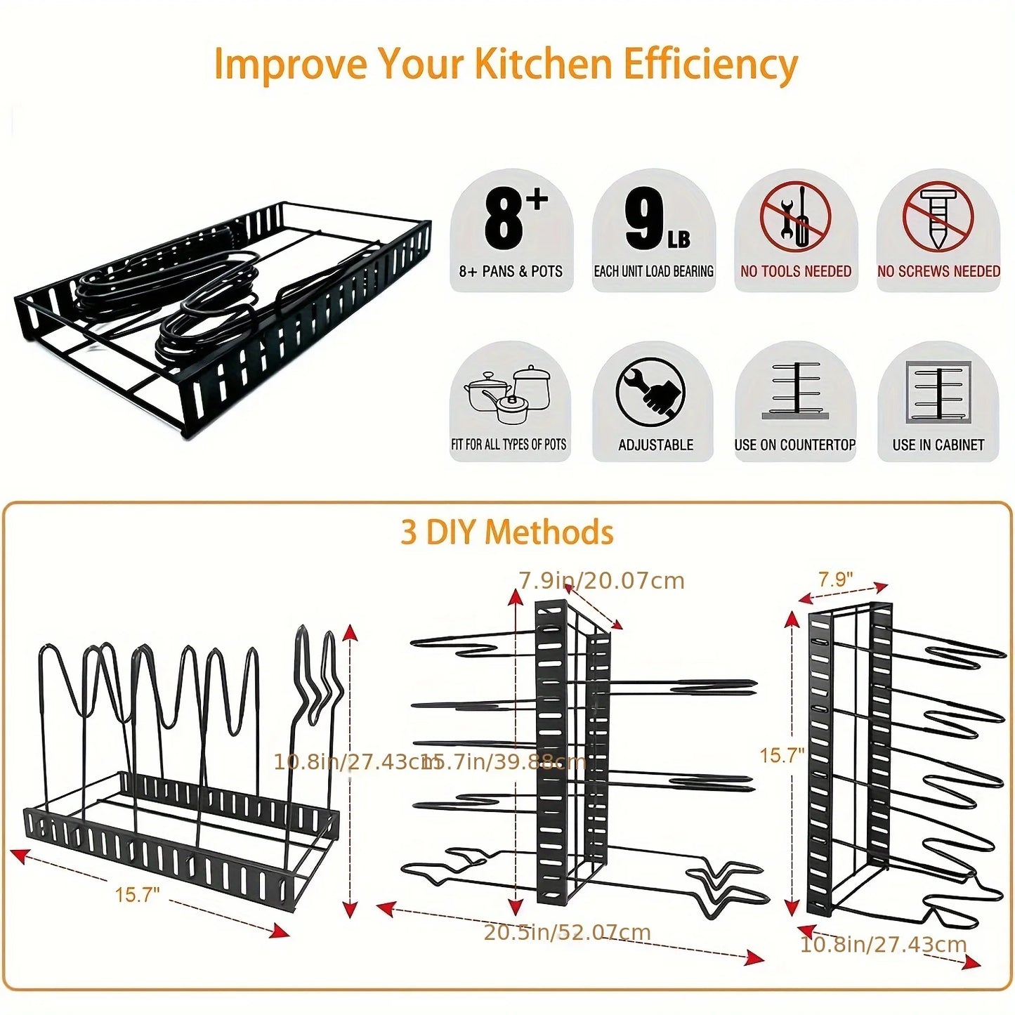 2-Pack Adjustable Pot Rack Organizers for Kitchen Storage and Organization