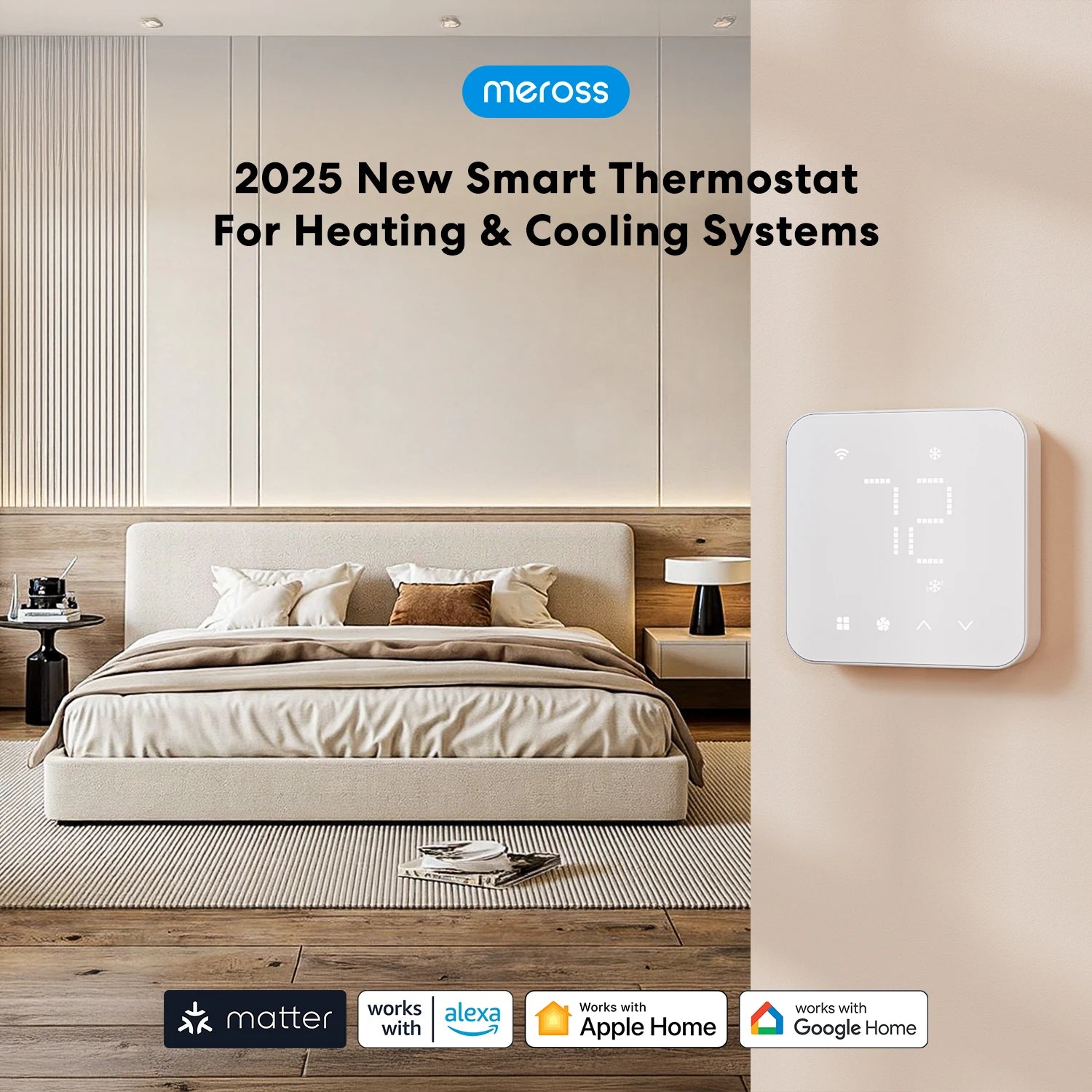 Smart 24V Wi-Fi Thermostat, Compatible with Heating and Cooling Systems