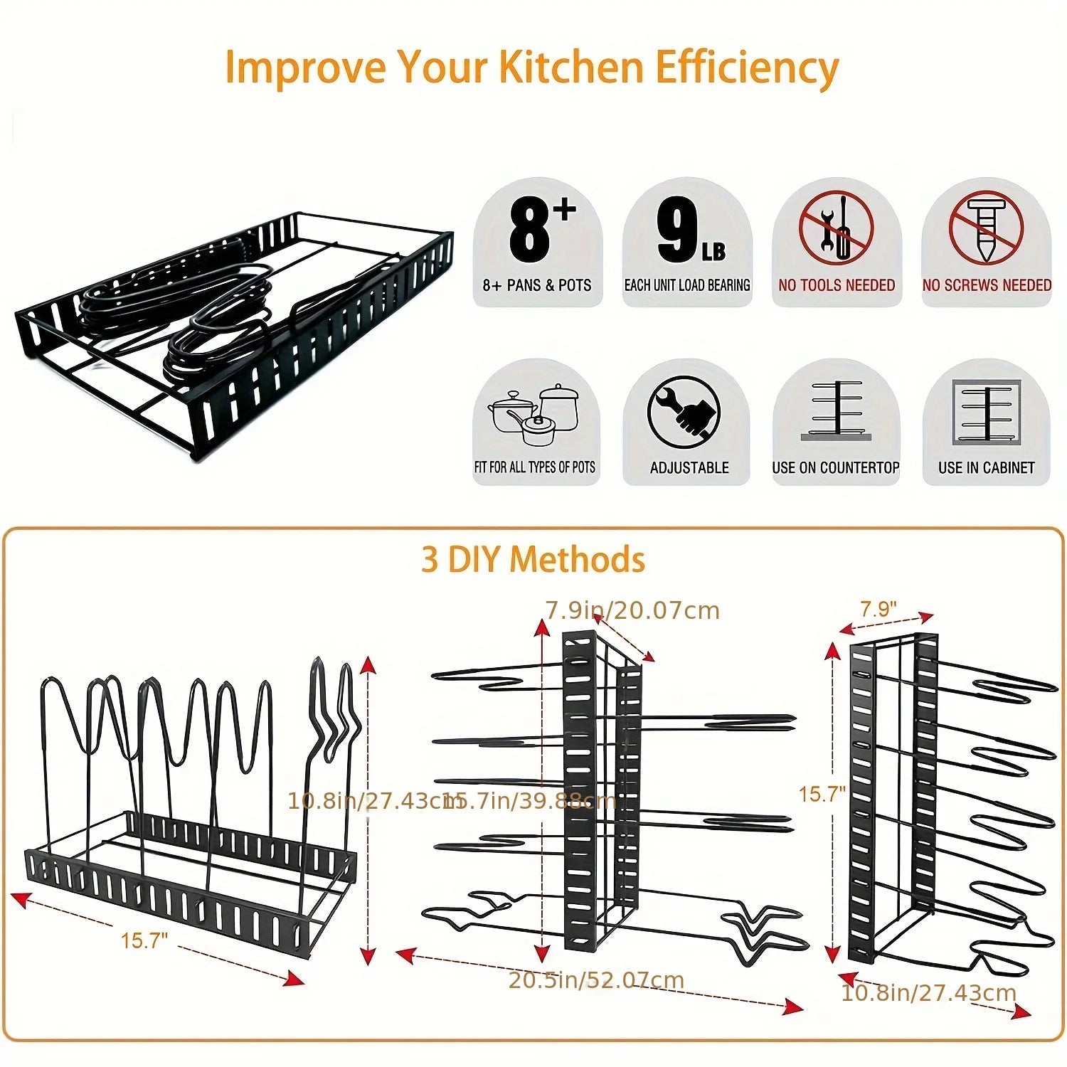 2-Pack Adjustable Pot Rack Organizers for Kitchen Storage and Organization
